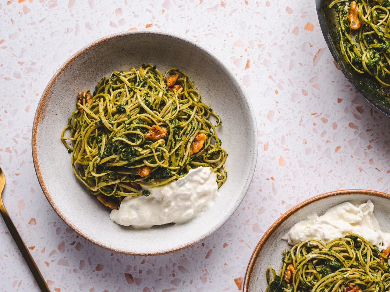 Edamame Spaghetti With Kale Pesto and Walnuts