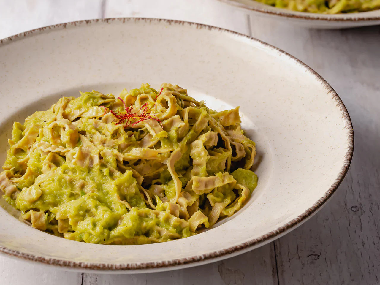 Edamame and Mung Bean Fettuccine with Saffron and Leek Cream